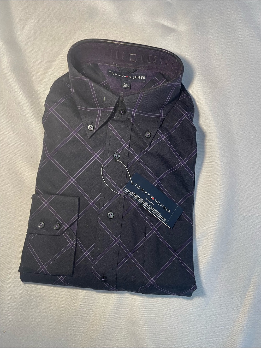 Tommy Hilfiger Black Shirt with Purple Windowpane Plaid
